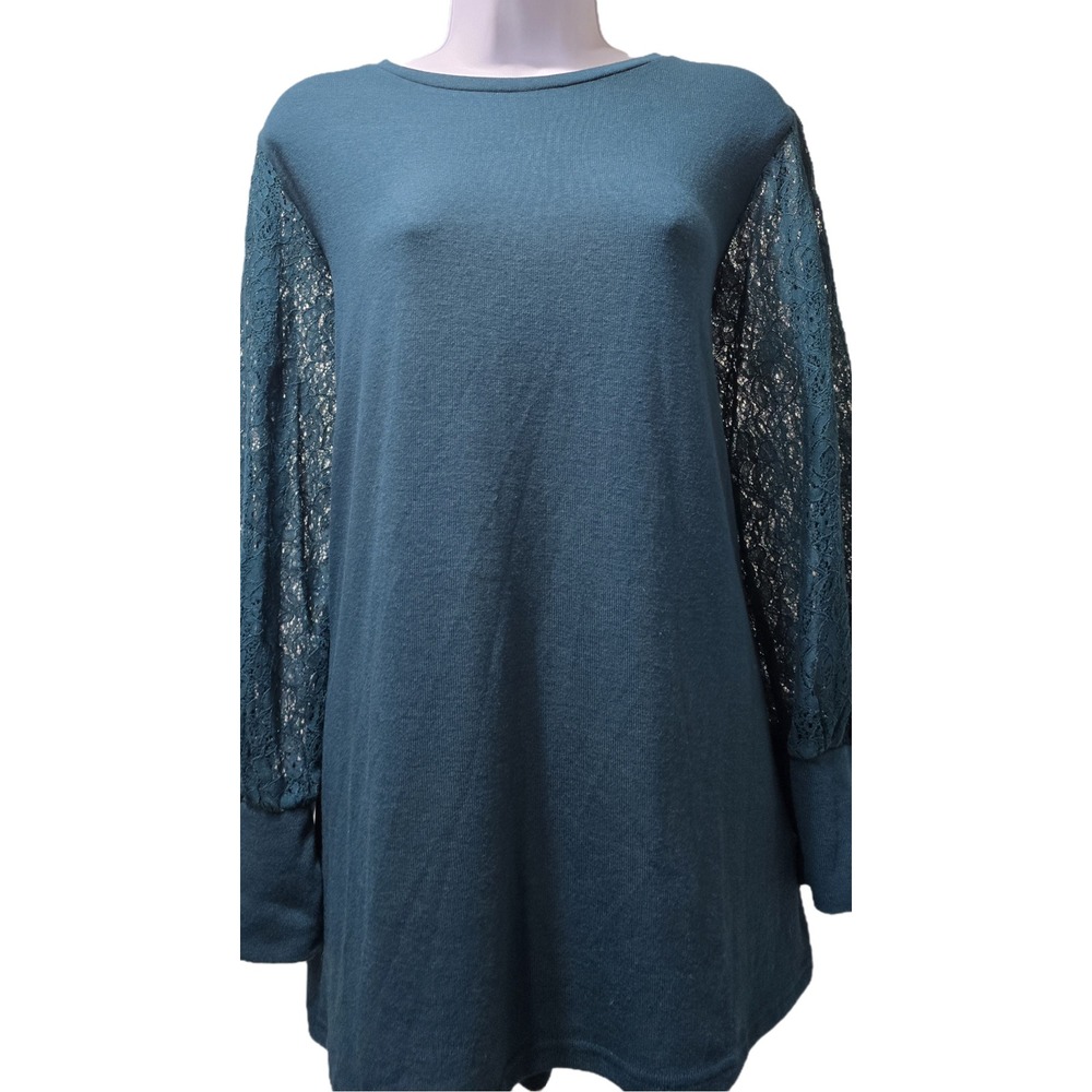 XL SUZANNE BETRO women's long sleeve top green rayon blend knit lace sleeves